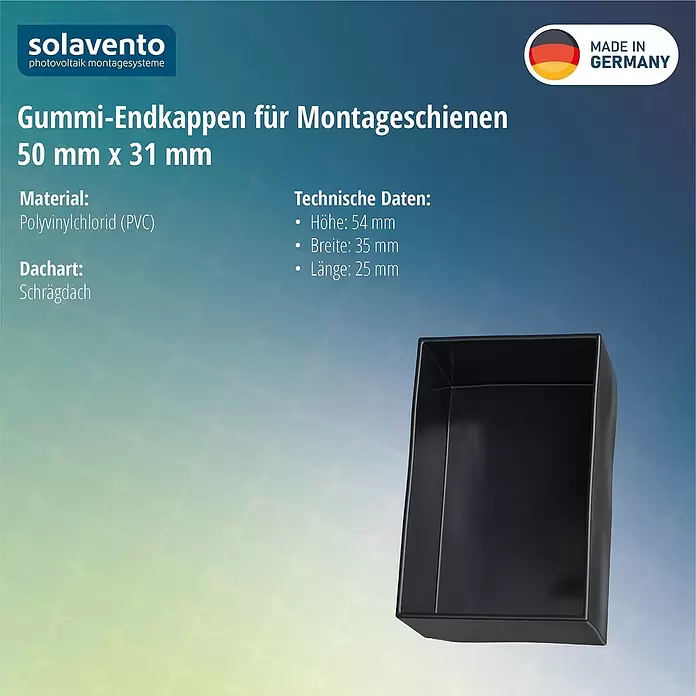 Solavento Endkappen Solavento - 30 x 50 x 55 mm, Geeignet für: Schrägdach - Schwarze PVC-Endkappe für 50x31 mm Montageschienen.