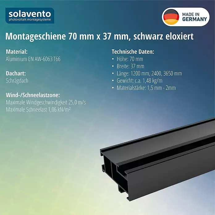 Solavento Montageschiene Solavento - 2.400 x 37 x 70 mm, Schwarz, Geeignet für: Schrägdach - Schwarz eloxierte Aluminium-Montageschiene für Photovoltaiksysteme, 70x37 mm.