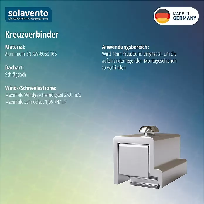 Solavento Kreuzverbinder Solavento - Aluminium, Geeignet für: Schrägdach - Silberner Aluminium-Kreuzverbinder für Solarmontageschienen.