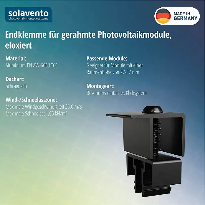Solavento Endklemme Solavento - Schwarz, Aluminium, Geeignet für: Schrägdach - Schwarze eloxierte Aluminium-Endklemme für gerahmte Photovoltaikmodule, passend für 27-37 mm Rahmenhöhe.