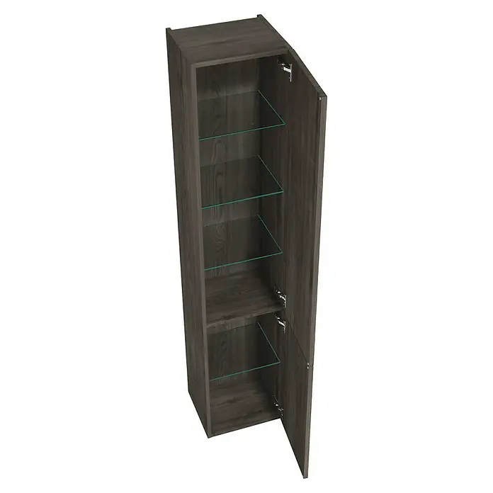 Camargue Aurinia Hochschrank - 35 x 32 x 176 cm, Marone Dekor Trüffel, DIN Anschlag: Rechts - Ein dunkler Holzschrank mit Glastüren, der einen modernen Stauraum mit sichtbaren Regalen bietet.