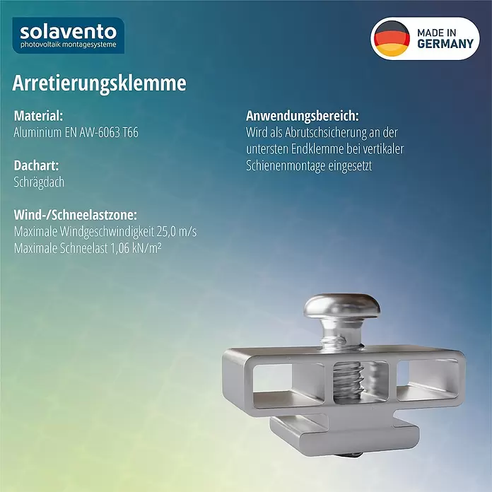 Solavento Arretierung Solavento - Aluminium, Geeignet für: Schrägdach - Silberne Aluminium-Arretierungsklemme mit Schraube, als Abrutschsicherung für unterste Endklemme bei vertikaler Schienenmontage.