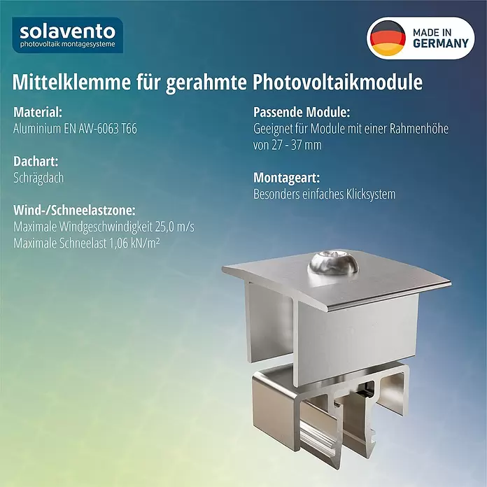 Solavento Mittelklemme - Aluminium, Silber, Geeignet für: Schrägdach - Silberne Aluminium-Mittelklemme für gerahmte PV-Module, passend für 27-37mm Rahmen, einfaches Klicksystem.