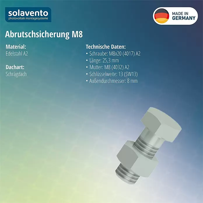 Solavento Abrutschsicherung Solavento - Durchmesser: 8 mm, Geeignet für: Schrägdach - M8 Schraube und Mutter aus Edelstahl A2, als Abrutschsicherung für Photovoltaik-Montagesysteme.