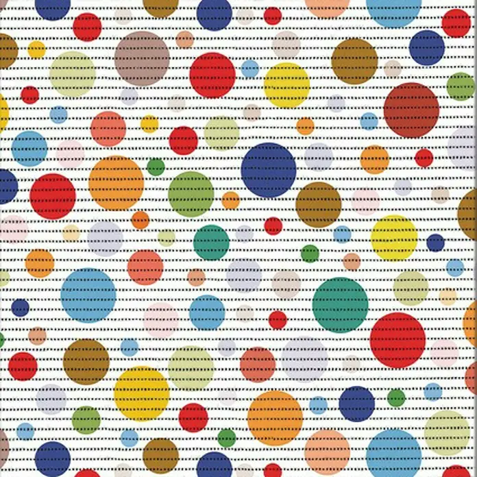 D-c-fix Bodenmatte Meterware Floor Comfort - Modern Bubbles, Breite: 65 cm - Buntes Muster mit Kreisen in verschiedenen Farben und Größen auf einem Hintergrund aus horizontalen Linien.