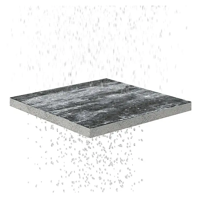 Terrassenplatte Megadrain Saturn - 50 x 50 x 4 cm, Grau/Schwarz, Beton - Quadratische Betonplatte mit subtiler Textur, umgeben von einem weißen Punktmuster, ideal für moderne architektonische Visualisierungen.
