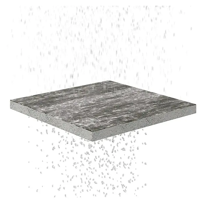 Terrassenplatte Megadrain Tundra - 50 x 50 x 4 cm, Hellgrau/Braun, Beton - Das Bild zeigt eine graue Terrassenplatte, die von weißen Partikeln umgeben ist, was einen schwebenden oder schwebenden Effekt erzeugt.