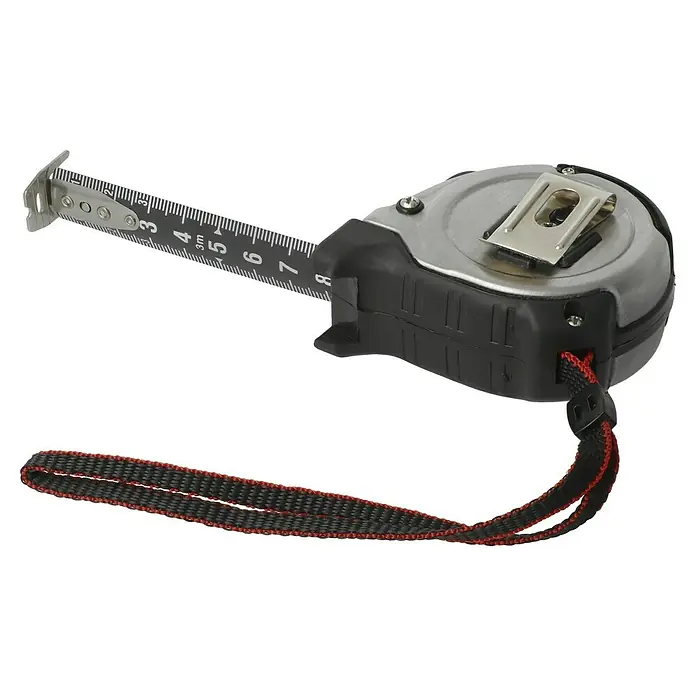 Wisent Kapselmaßband - Länge Maßband: 3 m, Nylonbeschichtet - Nahaufnahme eines Rollbandmaßes mit schwarzem und rotem Armband. Ideal für genaue Messungen bei Bauprojekten oder Heimwerkerarbeiten.