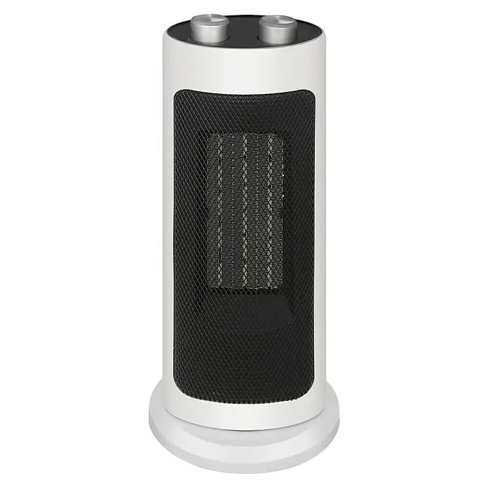 Fulmo Calefactor cerámico - 1.000 W - 2.000 W, Blanco, 17 x 17 x 41,5 cm - Calentador eléctrico blanco con rejilla negra y dos perillas plateadas en la parte superior para el control de temperatura.