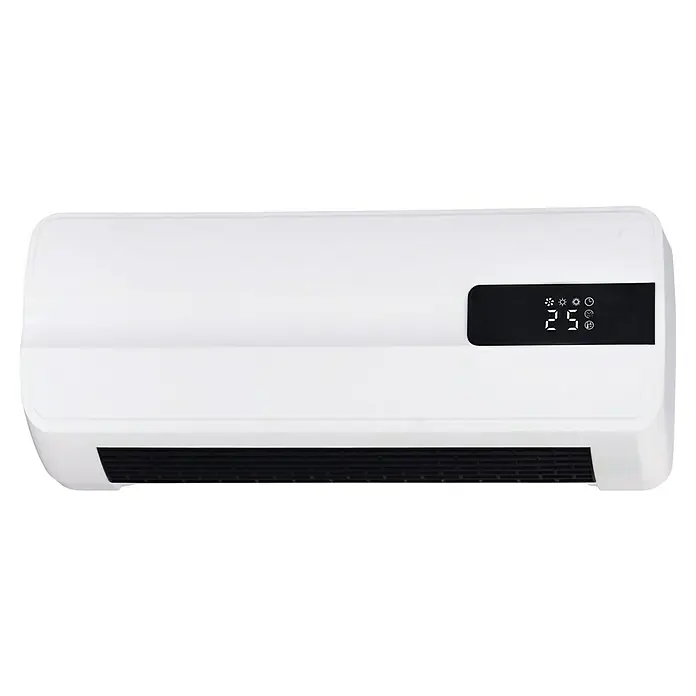 Fulmo Calefactor cerámico Split - 1.000 W - 2.000 W, Blanco, 11 x 42 x 17 cm - Primer plano de un calefactor eléctrico de pared blanco con una pantalla digital que muestra la temperatura.