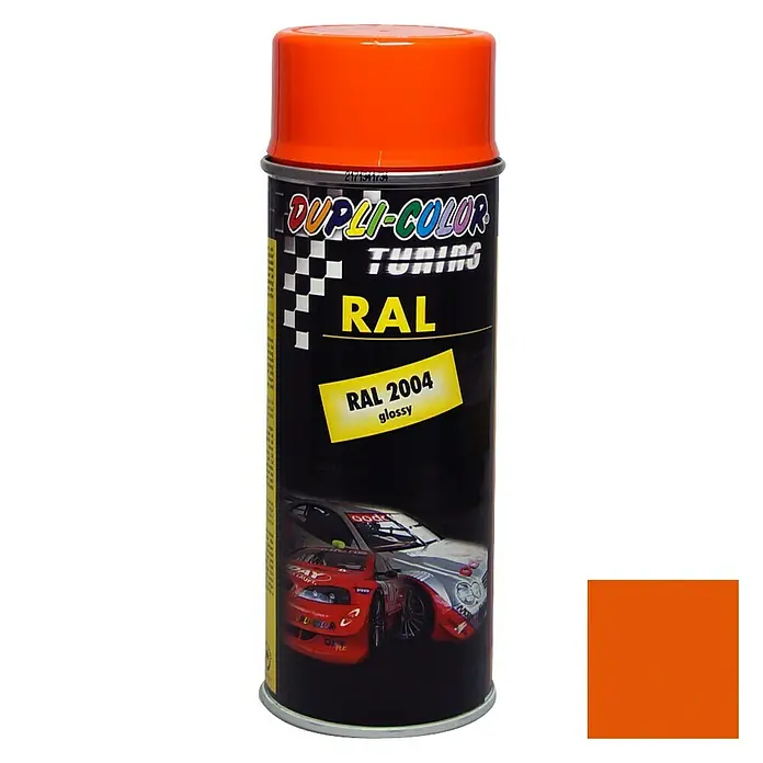Dupli-Color Tuning Lackspray RAL 2004 - Reinorange, Glänzend, 400 ml - Sprühdose Dupli-Color Tuning RAL 2004, glänzend, mit Farbfeld. Ideal für Auto- und Modellbauprojekte in leuchtendem Orange.