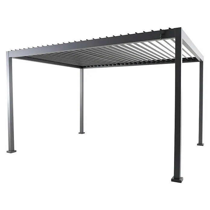 Sunfun Milos Lamellenpavillon - B x T: 386 x 294 cm, Farbe Gestell: Night-Grey, Aluminium - Moderne graue Pergola mit verstellbaren Lamellen für Schatten und Schutz im Garten. Die Pergola ist freistehend und bietet einen stilvollen Rahmen.