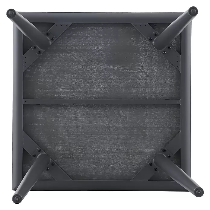 Sunfun Solo Balkontisch - L x B x H: 74 x 74 x 74 cm, Aluminium, Sintered Stone, Quadratisch, Night-Grey - Unterseite eines dunkelgrauen quadratischen Tisches mit gespreizten Metallbeinen und Stützrahmen.