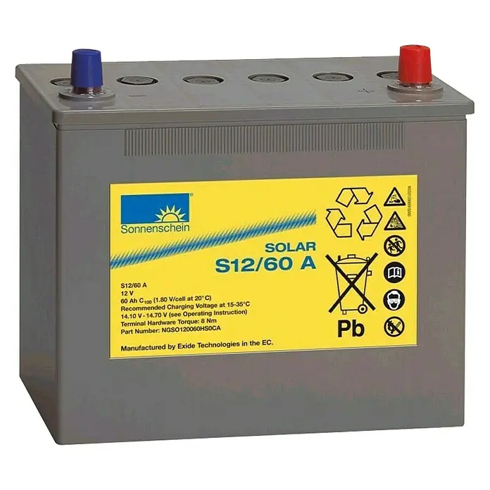 Sunset Solar-Gelbatterie - 60 Ah, 12 V - Abbildung einer 12V 60Ah Sonnenschein Solarbatterie S12/60 A für Solarstromspeicheranwendungen.