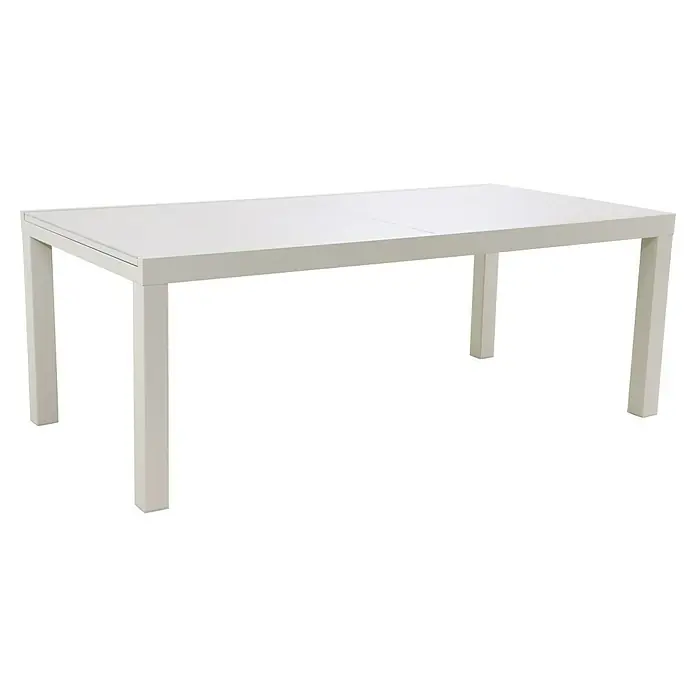 Sunfun Gartenmöbel-Set Maja/Solo - 7 -tlg., Light-Greige, Ausziehbar, Tisch (Lx B x H): 200-300 x 100 x 74 cm, Stuhl (B x T x H): 67 x 63 x 85 cm - Ein moderner, weißer Esstisch mit geraden Linien und einer glatten Oberfläche, perfekt für das Esszimmer. Das schlichte Design fügt sich nahtlos ein.