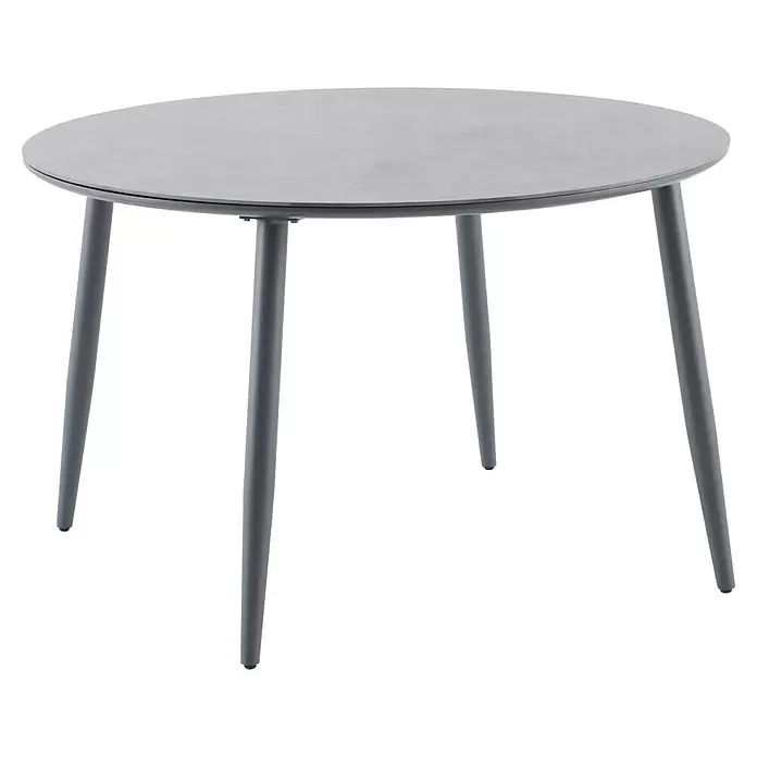 Sunfun Gartenmöbel-Set Solo Rope - 9 -tlg., Aluminium/Sintered Stone/Polyrattan/Olefin, Night-Grey - Moderner runder Tisch mit grauer Betonoptik-Platte und vier grauen Metallbeinen.