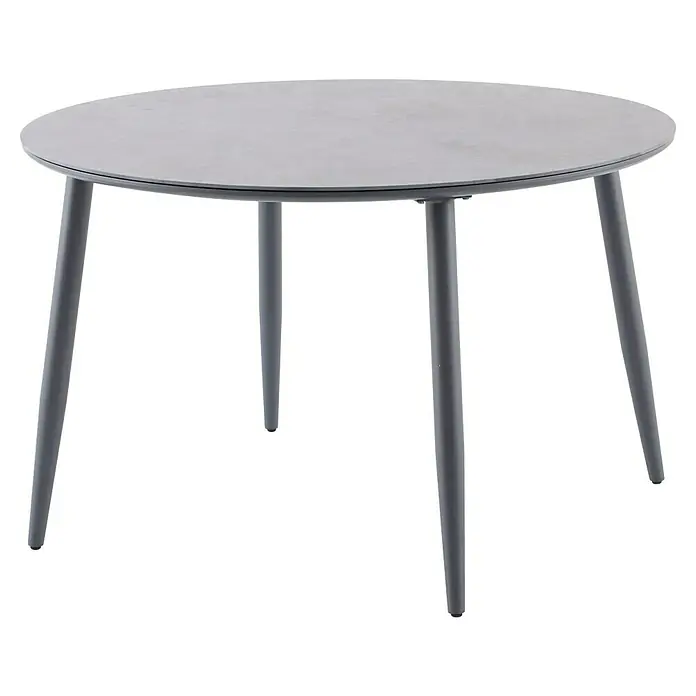Sunfun Solo Gartentisch rund - Ø x H: 120 x 74 cm, Aluminium, Sintered Stone, Night-Grey - Abbildung eines grauen, runden Esstisches mit vier Beinen auf schwarzem Hintergrund. Er ist schlicht und modern designt.