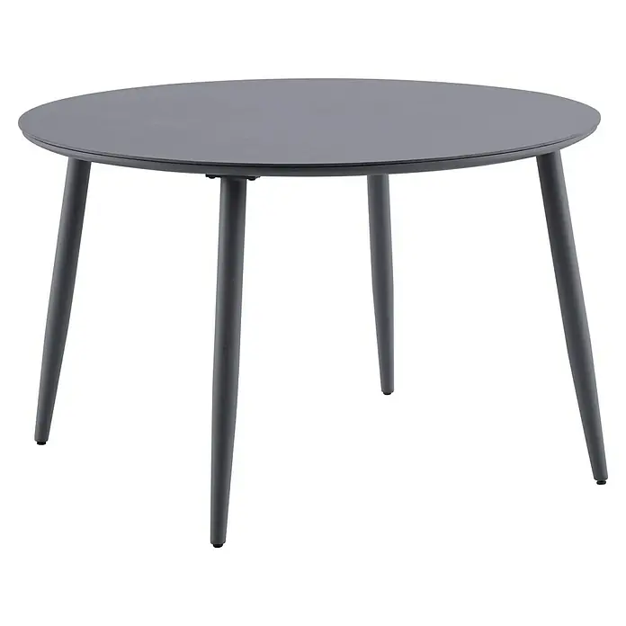 Sunfun Solo Gartentisch rund - Ø x H: 120 x 74 cm, Aluminium, Sintered Stone, Night-Grey - Eleganter runder Tisch in dunklem Grau mit schlanken Beinen. Ideal für moderne Wohnräume oder als stilvoller Akzent im Garten.