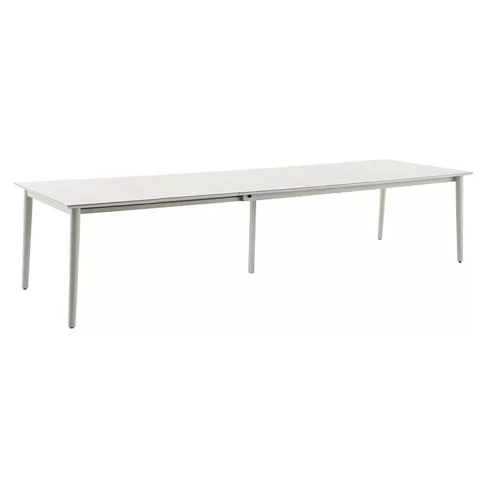 Sunfun Solo Garten-Tischplatte Erweiterung - L x B: 60 x 100 cm, Aluminium, Sintered Stone, Light-Greige - Weißer ausziehbarer rechteckiger Tisch mit hellgrauen Beinen.