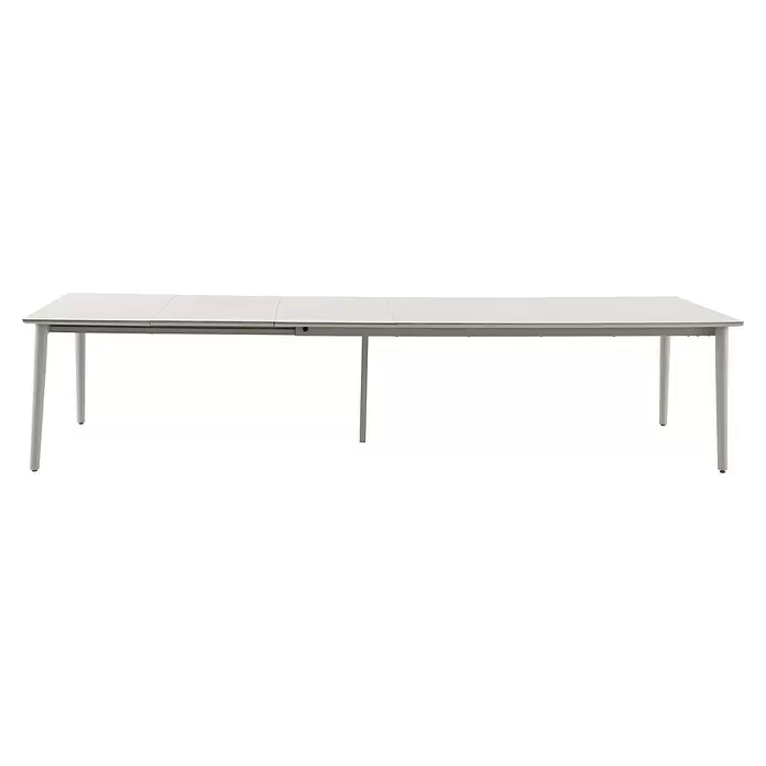 Sunfun Solo Garten-Tischplatte Erweiterung - L x B: 60 x 100 cm, Aluminium, Sintered Stone, Light-Greige - Weißer ausziehbarer Esstisch mit grauem Gestell und Beinen.