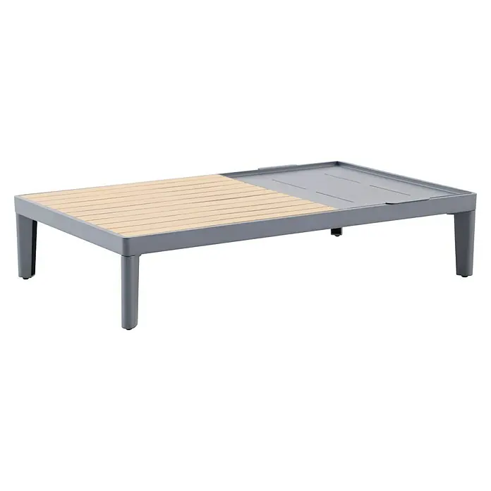 Sunfun Solo Garten-Couchtisch - L x B x H: 120 x 72 x 26 cm, Night-Grey - Bild eines modernen Couchtisches mit Holz- und Metallelementen, ideal für den Außenbereich.