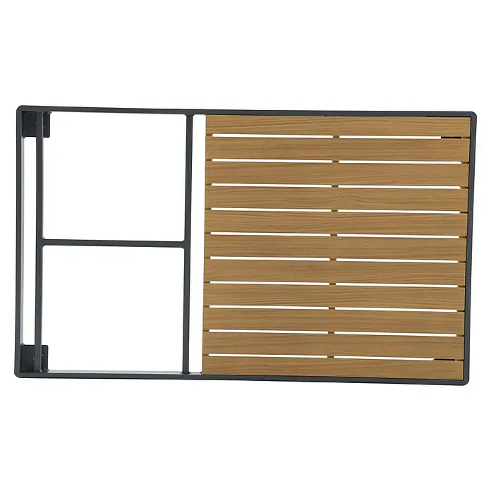 Sunfun Solo Garten-Couchtisch - L x B x H: 120 x 72 x 26 cm, Night-Grey - Ein stilvoller, moderner Gartenzaun mit Holzpaneelen und einem robusten Rahmen aus dunklem Metall, der Privatsphäre und Ästhetik vereint.