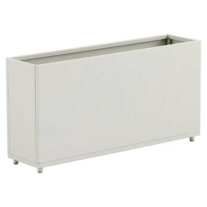Sunfun Lumar Pflanzkübel eckig - Außenmaß (L x B x H): 89 x 23 x 45 cm, Stahl, Light-Greige - Produktansicht: Ein rechteckiger, weißer Pflanzkasten mit silbernem Innenraum, ideal für stilvolle Innen- und Außendekoration.