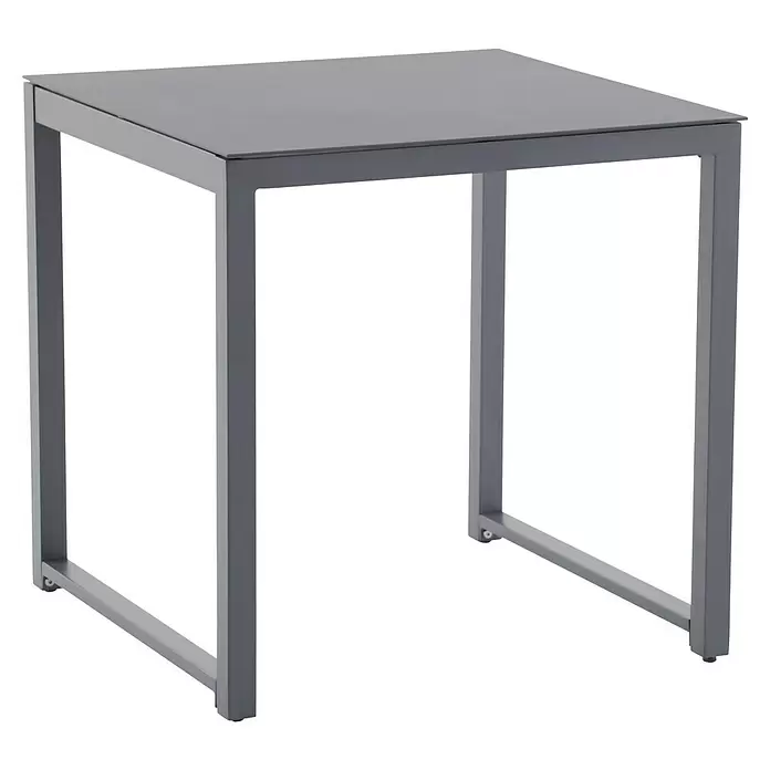 Sunfun Amy Balkontisch - L x B x H: 74 x 74 x 74 cm, Aluminium, Glas, Quadratisch, Night-Grey - Grauer quadratischer Tisch mit Metallrahmen.
