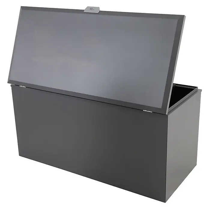 Sunfun Lumar Aufbewahrungsbox - L x B x H: 80 x 160 x 72 cm, Stahl, Night-Grey - Graue Aufbewahrungsbox mit hochgeklapptem Deckel, ideal für die ordentliche Lagerung verschiedener Gegenstände im Haus.