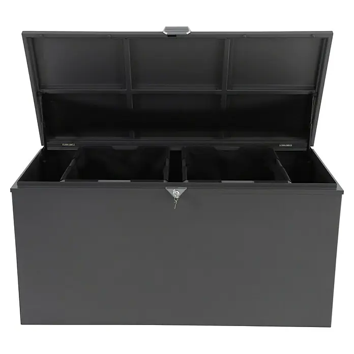 Sunfun Lumar Aufbewahrungsbox - L x B x H: 80 x 160 x 72 cm, Stahl, Night-Grey - Bild einer offenen, anthrazitfarbenen Aufbewahrungsbox mit Schloss, ideal für den Außenbereich zur wetterfesten Lagerung.