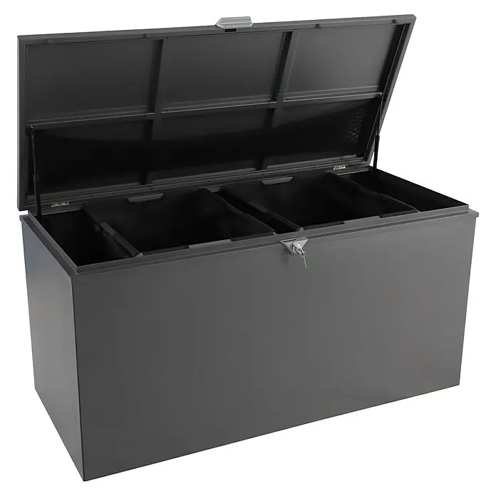Sunfun Lumar Aufbewahrungsbox - L x B x H: 80 x 160 x 72 cm, Stahl, Night-Grey - Graue Mülltonnenbox mit offenem Deckel und Schlüssel, bietet eine stilvolle Lösung zur Aufbewahrung von Mülltonnen im Außenbereich.