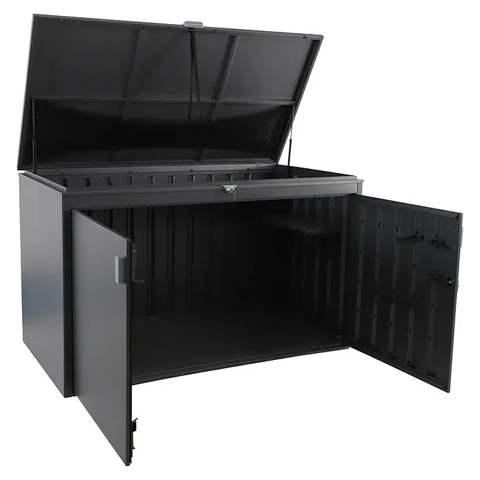 Sunfun Lumar Garten-Aufbewahrungsbox - L x B x H: 110 x 202 x 122 cm, Night-Grey, Stahl - Das Bild zeigt eine geöffnete, schwarze Gerätebox mit viel Stauraum, ideal für Gartenutensilien und Werkzeuge.