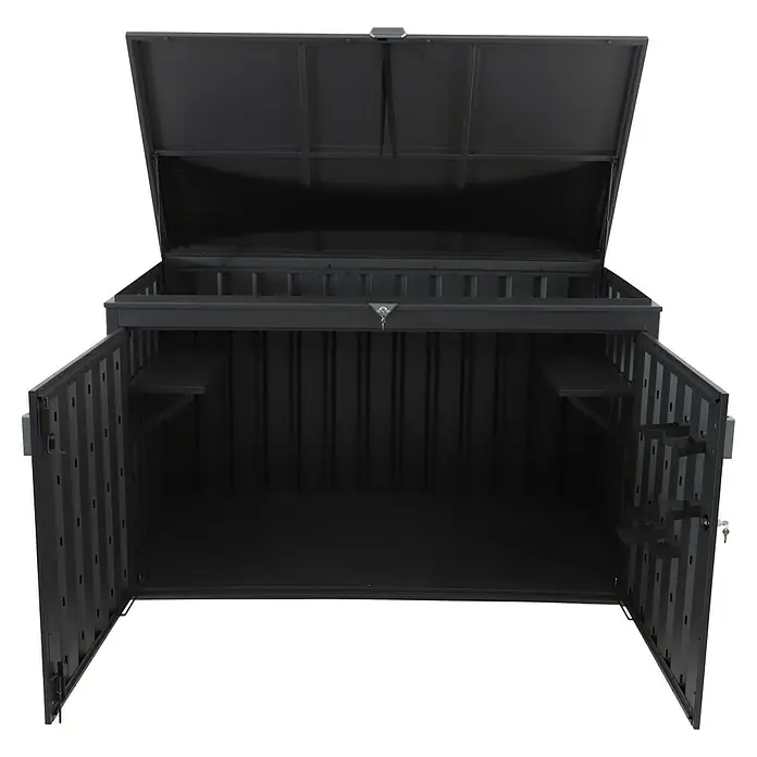 Sunfun Lumar Garten-Aufbewahrungsbox - L x B x H: 110 x 202 x 122 cm, Night-Grey, Stahl - Geräumiger, offener Gerätehaus aus robustem, schwarzem Metall mit Regalen und aufklappbarem Deckel für den Außenbereich.