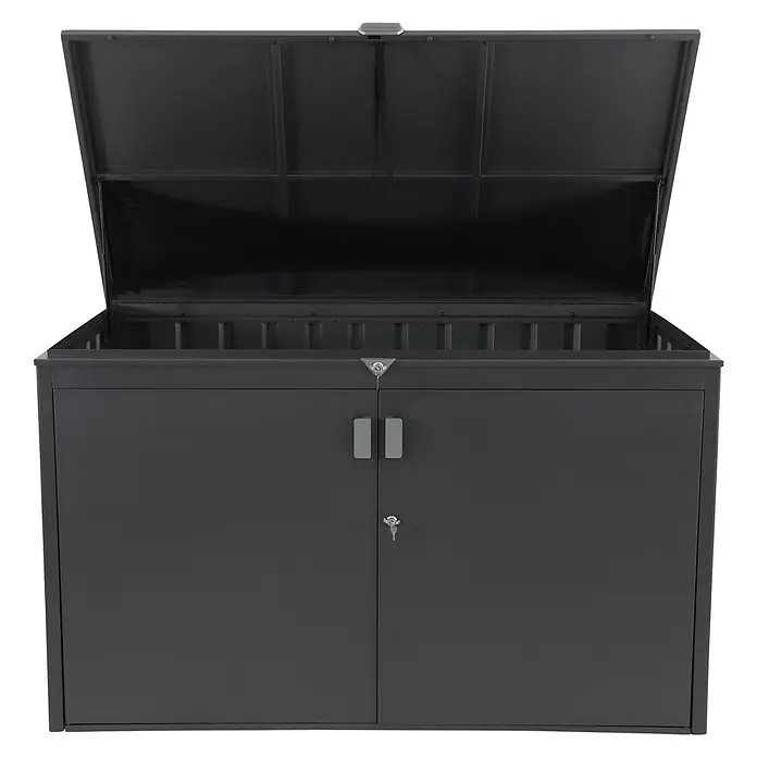 Sunfun Lumar Garten-Aufbewahrungsbox - L x B x H: 110 x 202 x 122 cm, Night-Grey, Stahl - Ein geräumiger, abschließbarer Fahrradschuppen mit geöffnetem Deckel. Ideal für die Aufbewahrung im Freien und bietet sicheren Stauraum.