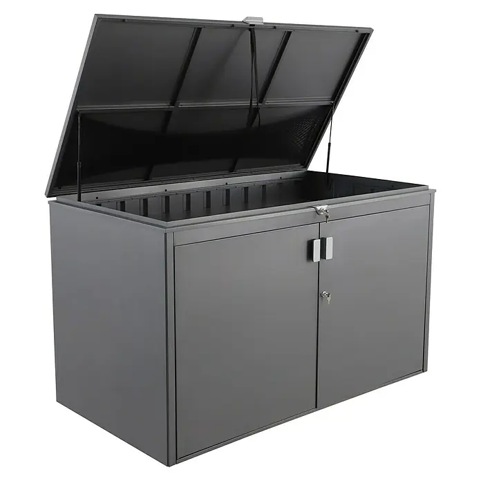 Sunfun Lumar Garten-Aufbewahrungsbox - L x B x H: 110 x 202 x 122 cm, Night-Grey, Stahl - Geräumige, graue Gerätebox mit zwei Türen und einem aufklappbaren Deckel. Ideal für die Aufbewahrung im Außenbereich.