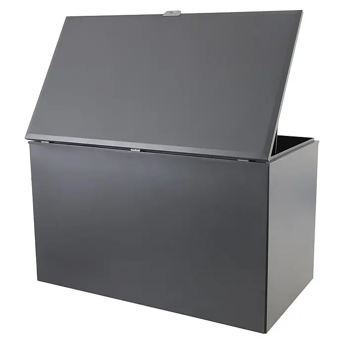 Sunfun Lumar Garten-Aufbewahrungsbox - L x B x H: 110 x 202 x 122 cm, Night-Grey, Stahl - Graue Gartenbox mit geöffnetem Deckel. Die Box bietet praktischen Stauraum für den Außenbereich.
