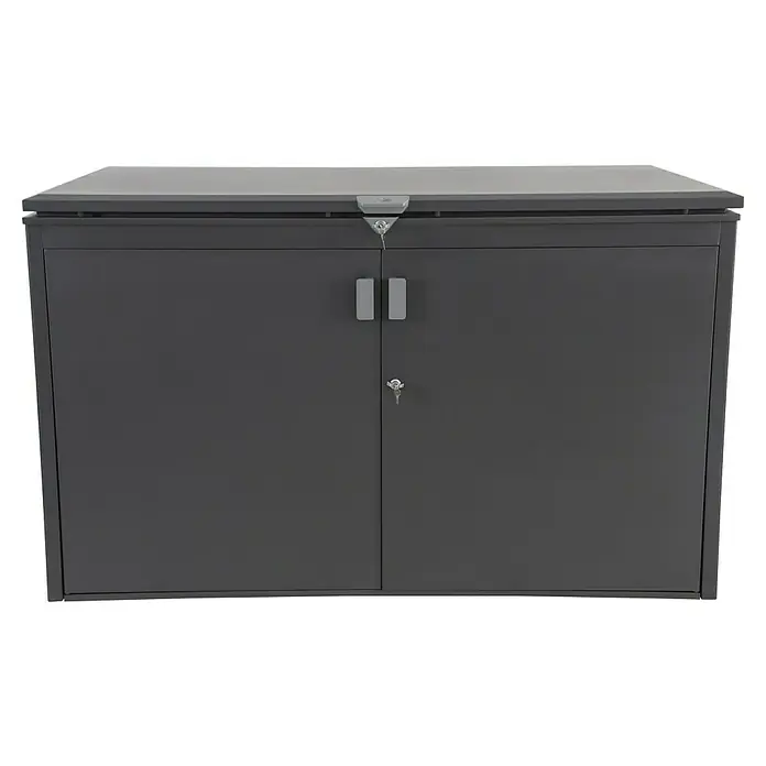 Sunfun Lumar Garten-Aufbewahrungsbox - L x B x H: 110 x 202 x 122 cm, Night-Grey, Stahl - Schrank mit zwei Türen und abschließbarem Deckel, ideal für die Aufbewahrung im Freien. Robuste Konstruktion für den Außenbereich.