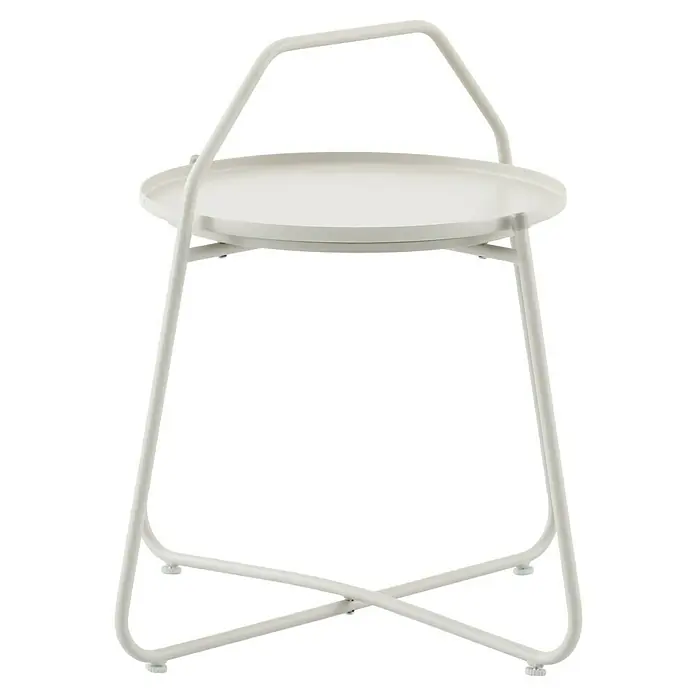 Sunfun Melina Garten-Beistelltisch rund - Ø x H: 60 x 57,5 cm, Stahl, Light-Greige - Weißer Beistelltisch mit Griff für einfache Handhabung. Der Tisch hat ein modernes Design mit gekreuzten Beinen und einer runden Tischplatte.