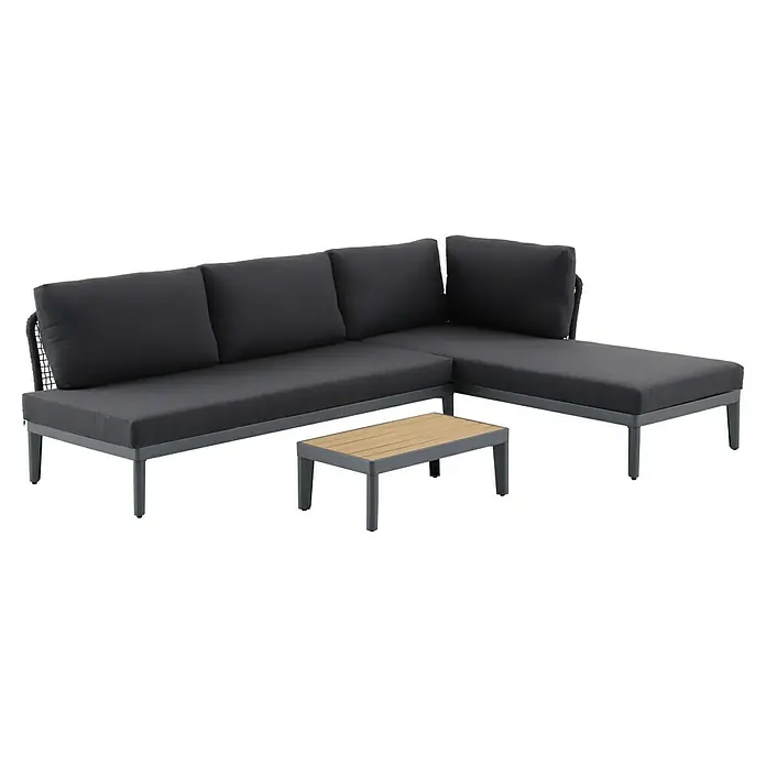 Sunfun Loungemöbel-Set Solo Rope - 5 -tlg., Aluminium/Polyrattan/Olefin, Night-Grey - Elegantes Lounge-Set mit grauem Rahmen und anthrazitfarbenen Kissen, bestehend aus Sofa und Tisch, für stilvolle Entspannung im Freien.
