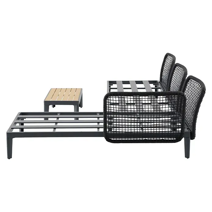 Sunfun Solo Rope Loungemöbel-Set - 3 -tlg., Aluminium, Olefin, Night-Grey - Nahaufnahme eines modernen modularen Sofas mit einem integrierten Tisch, ideal für den Außenbereich.