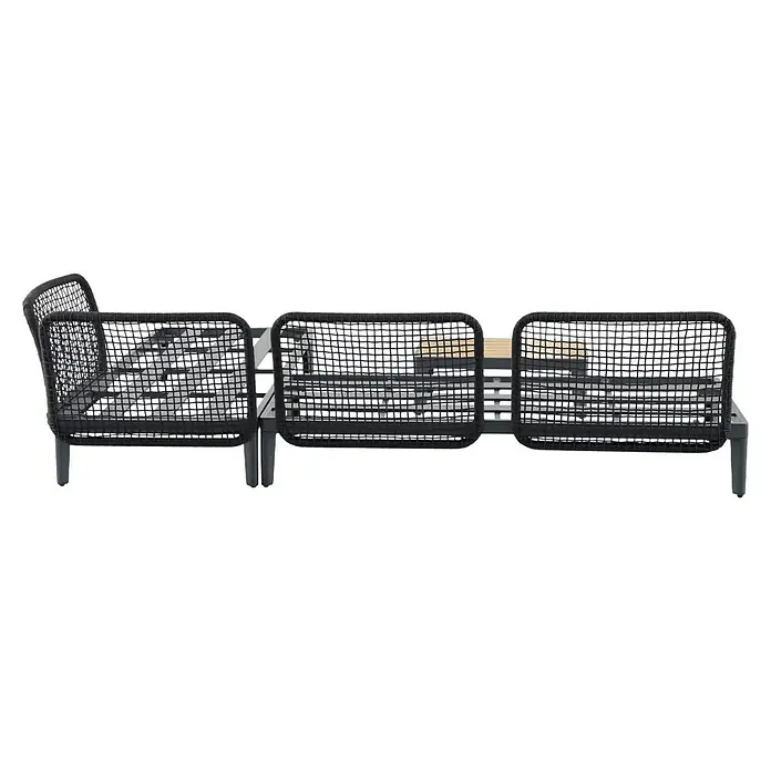 Sunfun Solo Rope Loungemöbel-Set - 3 -tlg., Aluminium, Olefin, Night-Grey - Ein modernes, dreisitziges Outdoor-Sofa mit schwarzem, gewebtem Design und hellen Holzakzenten. Ideal für stilvolle Entspannung im Freien.