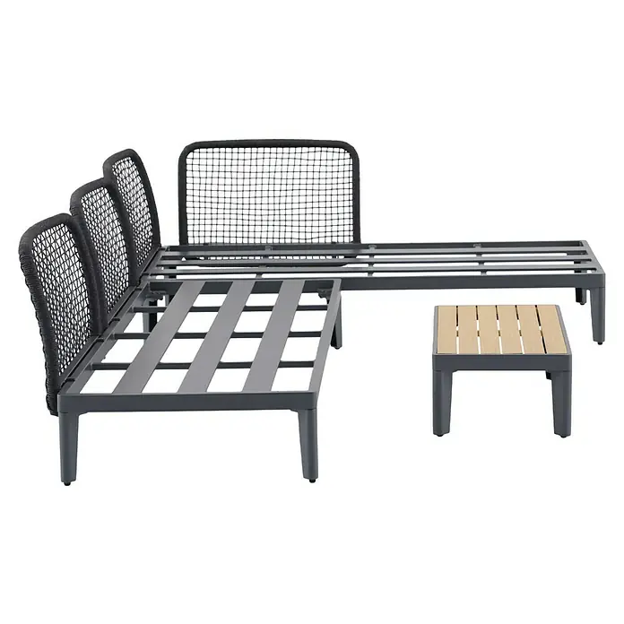 Sunfun Solo Rope Loungemöbel-Set - 3 -tlg., Aluminium, Olefin, Night-Grey - Produktfoto eines modularen Lounge-Sets mit Metallrahmen und gewebten Rückenteilen, inklusive eines kleinen Beistelltisches.
