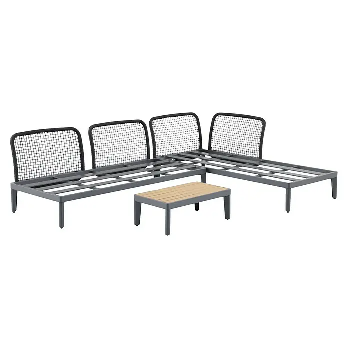 Sunfun Solo Rope Loungemöbel-Set - 3 -tlg., Aluminium, Olefin, Night-Grey - L-förmige Gartenlounge mit drei Sitzelementen und kleinem Tisch. Das graue Möbelset hat Sitzgelegenheiten mit Rückenlehnen aus Maschengeflecht.