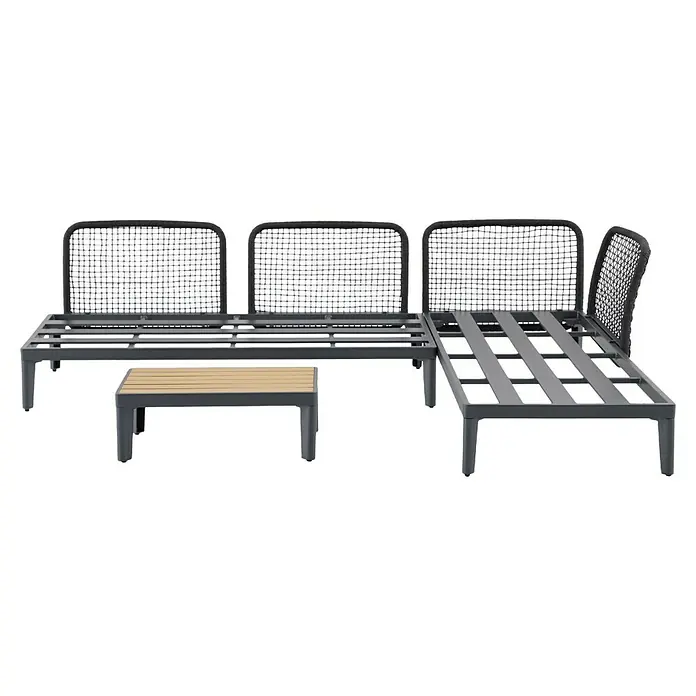 Sunfun Solo Rope Loungemöbel-Set - 3 -tlg., Aluminium, Olefin, Night-Grey - Bild eines modularen Lounge-Sets mit Rahmen aus anthrazitgrauem Metall und Rückenlehnen aus Rattan-Geflecht. Beinhaltet einen passenden Couchtisch.