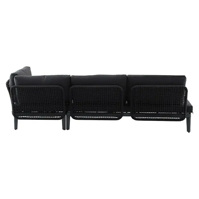 Sunfun Solo Rope Loungemöbel-Set - 3 -tlg., Aluminium, Olefin, Night-Grey - Nahaufnahme eines modernen schwarzen Sofas mit geflochtenen Details, das Komfort und Stil vereint.