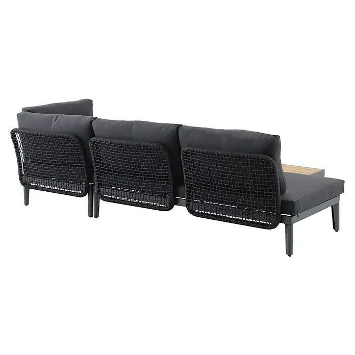 Sunfun Solo Rope Loungemöbel-Set - 3 -tlg., Aluminium, Olefin, Night-Grey - Stilvolles schwarzes Outdoor-Sofa mit geflochtener Rückenlehne und grauen Kissen, ideal für entspannte Stunden im Freien.