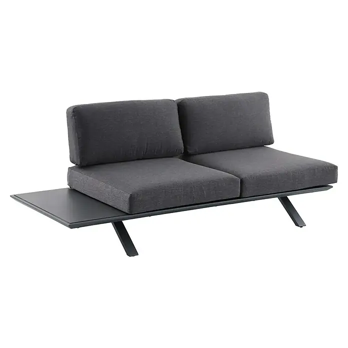 Sunfun Loungemöbel-Set Lumar II - 7 -tlg., Aluminium, Teak, Tisch groß, Night-Grey - Modulares Sofa mit grauen Kissen und einer kleinen Tischplatte an der Seite, ideal für den Außenbereich. Komfortables Design für entspannte Stunden.