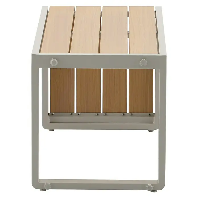 Sunfun Solo Garten-Beistelltisch - L x B x H: 73 x 38,5 x 41 cm, Aluminium, Light-Greige - Nahaufnahme eines modernen Beistelltisches mit Lattenrost und Metallrahmen. Das schlichte Design macht ihn zu einem stilvollen Möbelstück.