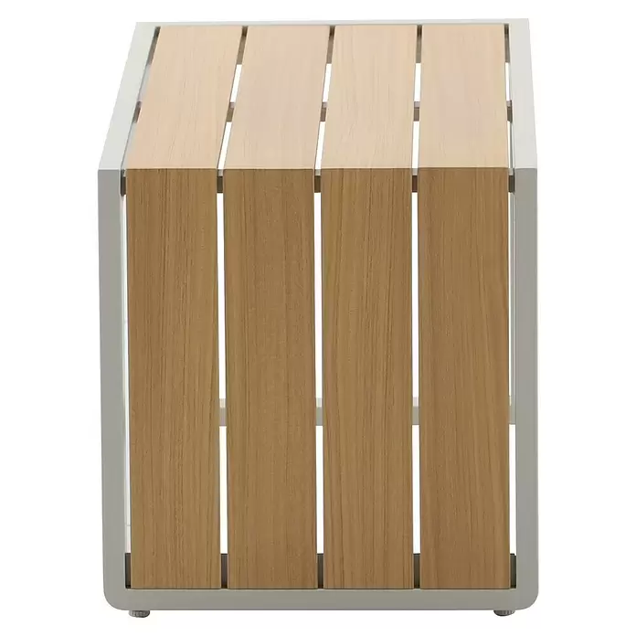 Sunfun Solo Garten-Beistelltisch - L x B x H: 73 x 38,5 x 41 cm, Aluminium, Light-Greige - Eine rechteckige Bank aus Holz und weißem Metall mit Lattenseiten und -platte.