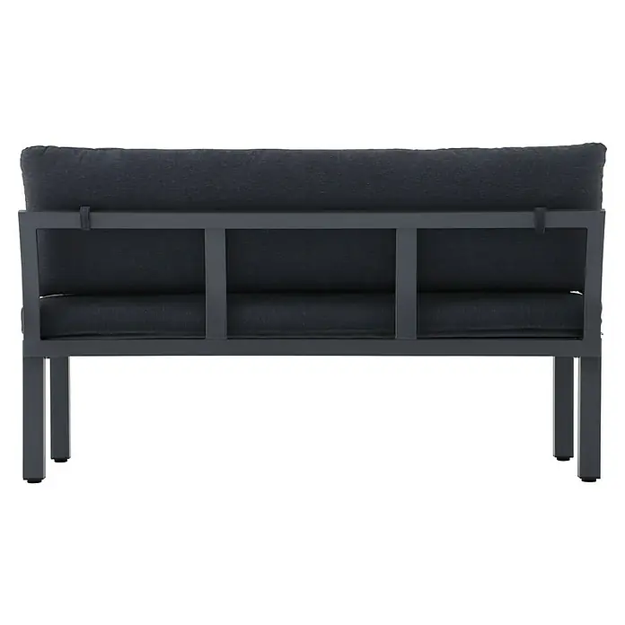 Sunfun Maja Loungesofa - B x T x H: 140 x 67 x 65 cm, Aluminium, Night-Grey - Nahaufnahme einer grauen Outdoor-Couch mit Kissen, die Komfort und Stil für entspannte Momente im Freien bietet.